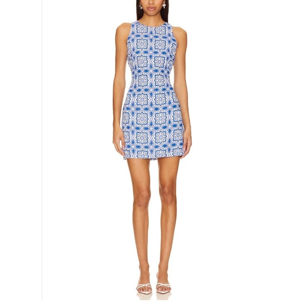 Casacabana Sleeveless Printed Linen Blend Shift Dress in Blue White Size XXL